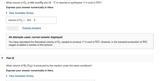 What volume of O2 at 988 mmHg and 33 C is required to synthesize 17.5 mol of NO? Express your answer numerically in liters. V