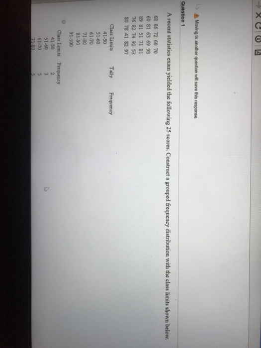 A recent statistics exam yielded the following 25 scores. Construct a grouped frequency distribution with the class limits shown below. 68 86 72 60 70 60 81 63 69 98 89 81 51 71 81 76 82 74 92 53 80 78 41 82 97 41-50 51-60 61-70 71-80 81-90 91-100 41-50 51-60 61-70