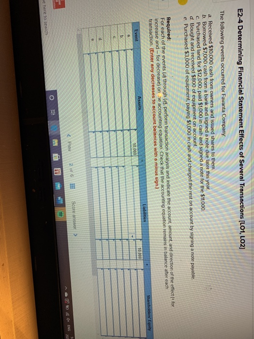 E2-4 Determining Financial Statement Effects of Several Transactions (L01, LO2) The following events occurred for Favanta Com