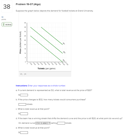 Problem 19-07 (Algo) Suppose the graph below depicts the demand for football tickets at Grand University. 10 40 00:39:42 36 32 28 2 24 20 12 Tickets (per game) Instructions: Enter your responses as a whole number a. If current demand is represented as D2, what is total revenue at the price of $20? b. If the price changes to $32, how many tickets would consumers purchase? tickets C. What is total revenue at that point? d. If the team has a winning streak that shifts the demand curve and the price is still $20, at what point do we end up? On demand curve (Click to select) selling tickets e. What is total revenue at that point?