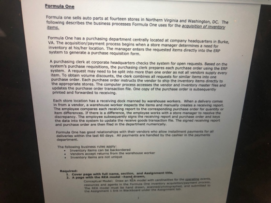 Formula One Formula one sells auto parts at fourteen stores in Northern Virginia and Washington, DC. The following describes