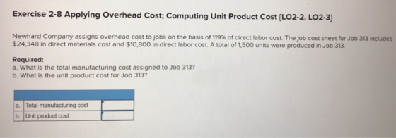 Exercise 2-8 Applying Overhead Cost; Computing Unit Product Cost [LO2-2, LO2-3] Newhard Company assigns overhead cost to jobs