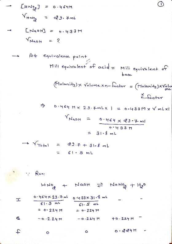 - CH Nog] = 0.464M - 9.9. ml [NaOH] = 0.433M Nach = ? At equivalence point Mili equiralent of acid = Mili equiralent of 1 bas