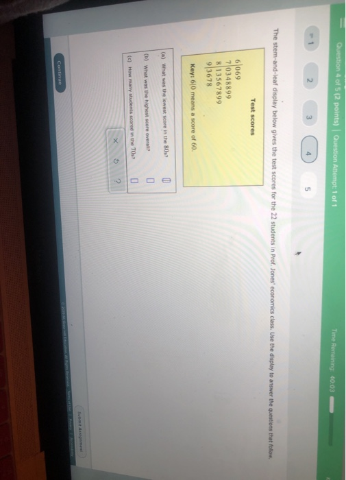 Question 4 of 5 (2 points) Question Attempt: 1 of 1 Time Remaining 40:03 1 23 (4) 5 The stem-and-leaf display below gives the
