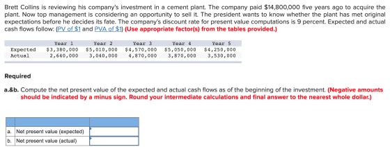 Brett Collins is reviewing his companys investment in a cement plant. The company paid $14,800,000 five years ago to acquire