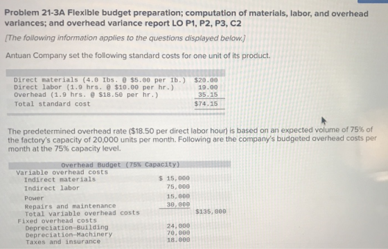 Problem 21-3A Flexible budget preparation; computation of materials, labor, and overhead variances; and overhead variance rep