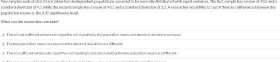 Two samples each of size 20 are taken from independent populations assumed to be normally distributed with equal variances. T