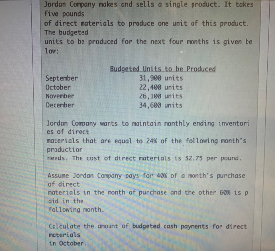 Jordan Company makes and sells a single product. It takes five pounds of direct materials to produce one unit of this product