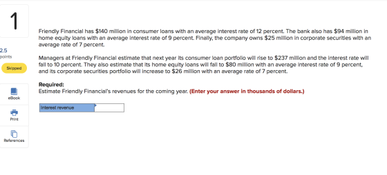 1 Friendly Financial has $140 million in consumer loans with an average interest rate of 12 percent. The bank also has $94 mi