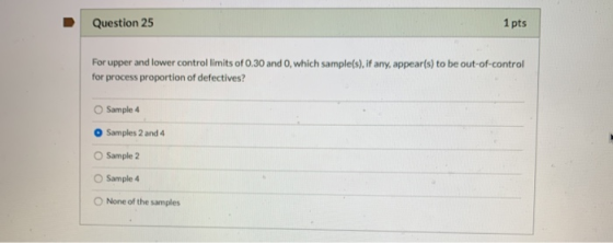 Question 25 1 pts For upper and lower control limits of 0.30 and 0, which sample(s), if any, appear(s) to be out-of-control f