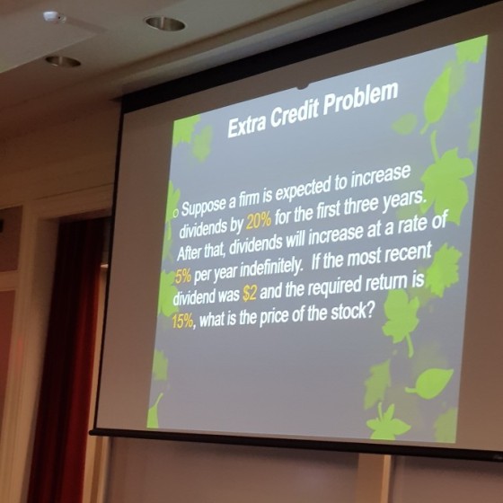 Extra Credit Problem o Suppose a firm is expected to increase dividends by 20% for the first three years. After tha, dividends will increase at a rate of % per year indefinitely. If the most recent dividend was $2 and the required return is 1590, what isthe price of the stock?