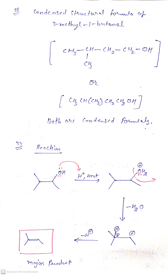 Condensed structural formula of 3-methyl-1-butanol CH— CH, – CH, - OH [cң си(en) е, си оп Both are condensed Formuals. Reacti