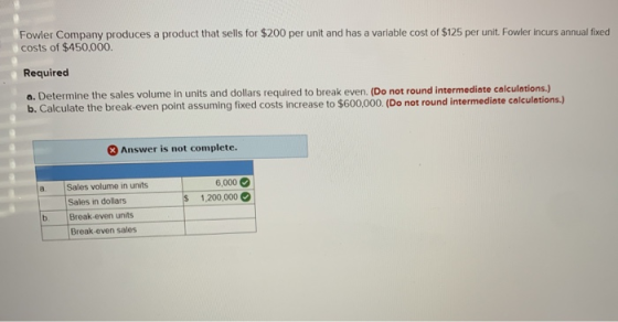 Fowler Company produces a product that sells for $200 per unit and has a variable cost of $125 per unit. Fowler incurs annual
