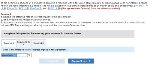 At the beginning of 2021, VHF Industries acquired a machine with a fair value of $6,760,200 by issuing a two-year, noninteres