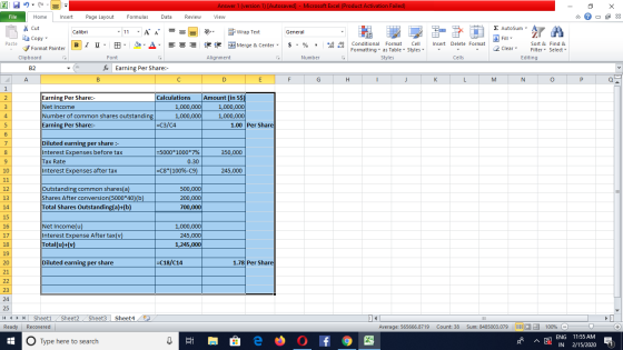 - 2 X Answer 1 (version 1) [Autosaved] - Microsoft Excel (Product Activation Failed) View Review - x = = r *Wrap Text Merge &