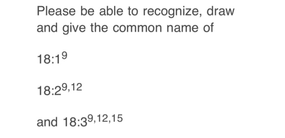 Please be able to recognize, draw and give the common name of 18:19 18:29,12 and 18:39,12,15