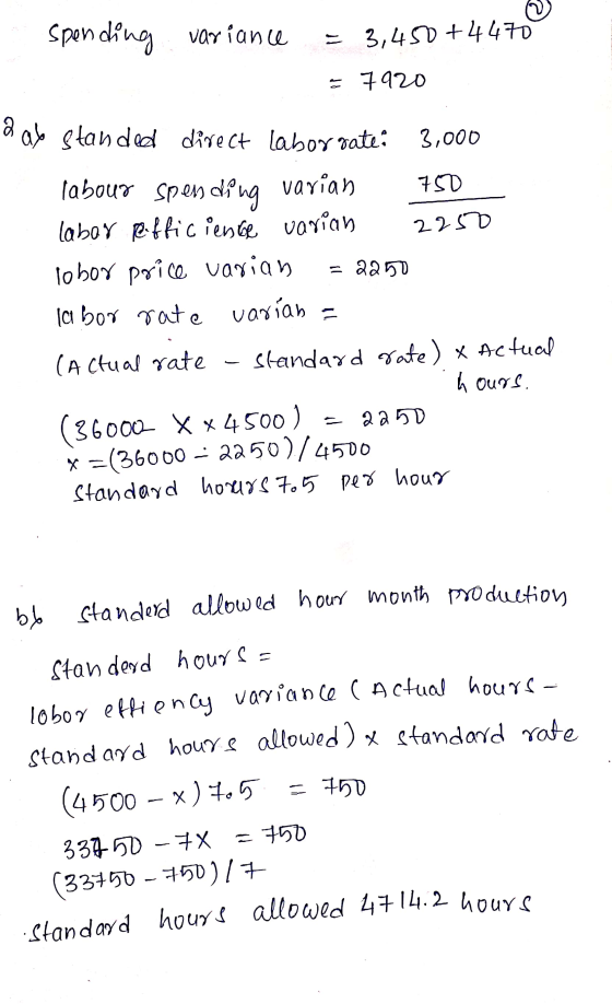 spending variance = 3,450+4470 =7920 & ab standed direct laborrate: 3,000 labour spending varian 750 labor efficiente varian