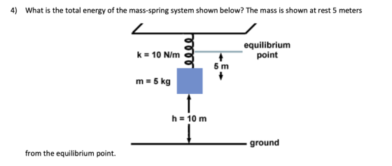 4) What is the total energy of the mass-spring system shown below? The mass is shown at rest 5 meters k = 10 N/m equilibrium