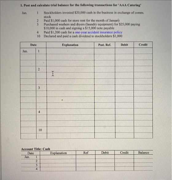 1. Post and calculate trial balance for the following transactions for AAA Catering! Jan. 1 Stockholders invested $20,000 ca