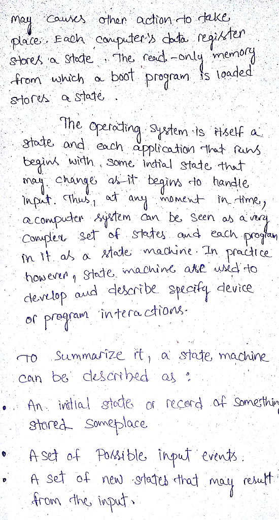 places. Each carputer劣chta, regiARn sloea t The, read-only memo -fro t proran s loaded m which a The operodina elf a 8tote and each application the Runs n with Some ndial state thut may change a- ns to handle, a compuder em n be Seen os a Conspler set of steteand each fn t a a tade machine. In tce machine ake uidto derelop aud deseribe specify device or pragrani intera cthorx To Stumma/ize rt, a stte, machin can be descrbed aj . An intial stede o record of Somethin Shorea Someplace Aset of Possible iput evtnts A set of nex gtates that mau reu from the inpu oVM