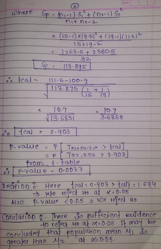 DATE (15-1)x(9-5)2 t (19-11(11.5)- = 5t 192 | 2 6 3.5土2 380.5 8 2 Sp = 113.875 1S 19 10די 13 535 3.6858 드 PL T3210:05 > 2.90.3) p-Yalu 0.0033 eIoDo Here 1al 서so p-value <0.05 →LOe le led AD onclus)00 concluded-tra populaHon anAn D ro to refee Ho t 05 ma oe | grealer than 시2 at oc: 0:05.