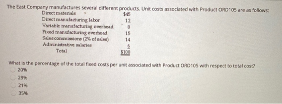 The East Company manufactures several different products. Unit costs associated with Product ORD105 are as follows: Direct ma