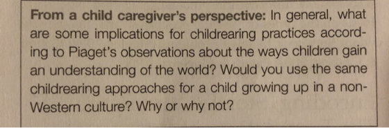From a child caregivers perspective: In general, what are some implications for childrearing practices accord- ing to Piaget