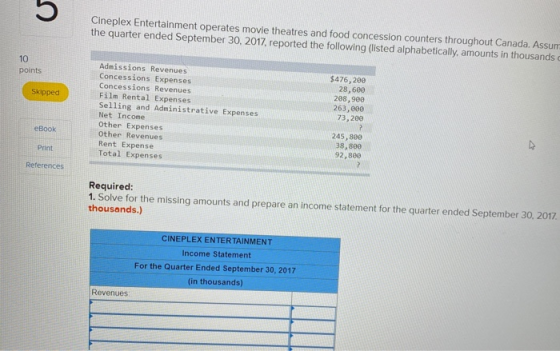 Cineplex Entertainment operates movie theatres and food concession counters throughout Canada. Assum the quarter ended Septem