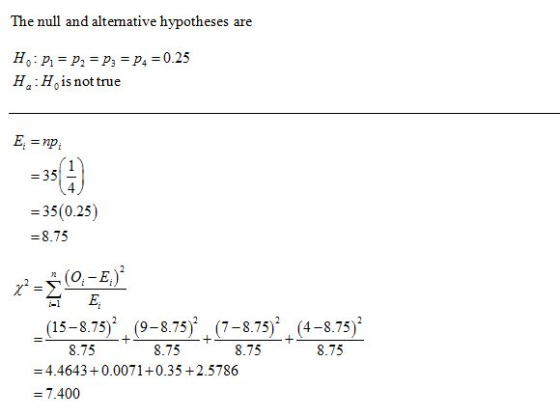 The null and alternative hypotheses are H: P = P2 = p; = P4 = 0.25 H:H, is not true E = np = 35 = 35(0.25) = 8.75 1-1 x = 2 (