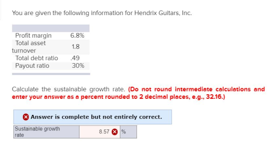 You are given the following information for Hendrix Guitars, Inc Profit margin Total asset 6.8% 1.8 turnover Total debt ratio 49 Payout ratio 30% Calculate the sustainable growth rate. (Do not round intermediate calculations and enter your answer as a percent rounded to 2 decimal places, e.g., 32.16.) Answer is complete but not entirely correct. Sustainable growth rate 8.57 %
