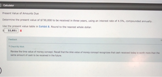 Calculator Present Value of Amounts Due Determine the present value of $730,000 to be received in three years, using an interest rate of 4.5%, compounded annually. Use the present value table in Exhibit 8. Round to the nearest whole dollar. 32,851 X Feedback Check My Work Review the time value of money concept.Recall that the time value of money concept recognizes that cash received today is worth more than the same amount of cash to be received in the future.