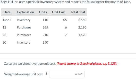 Sage Hill Inc. uses a periodic inventory system and reports the following for the month of June. Date Explanation Units Unit