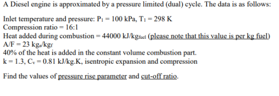 A Diesel engine is approximated by a pressure limited (dual) cycle. The data is as follows: Inlet temperature and pressure: P