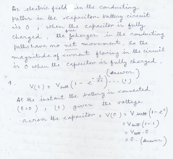free As electric field in the conducting paths in the capacitor-battery circuit is o , when the capacitor is fully charged ,