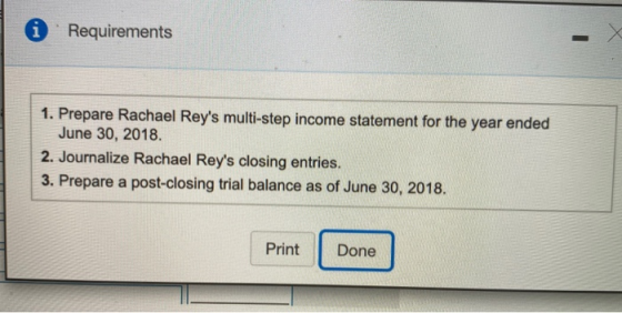 i Requirements 1. Prepare Rachael Reys multi-step income statement for the year ended June 30, 2018 2. Journalize Rachael Re