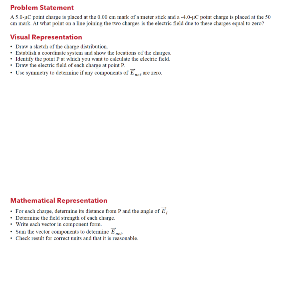 Problem Statement A 5.0-4C point charge is placed at the 0.00 cm mark of a meter stick and a -4.0-ųC point charge is placed a