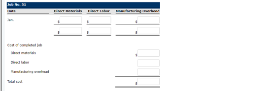 ob No. 51 Date Direct Materials Direct Labor Manufacturing Overhead Jan. Cost of completed job Direct materials Direct labor Manufacturing overhead Total cost