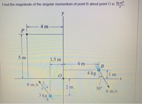 Find the magnitude of the angular momentum of point B about point o in kg ma 8 y 4 m P 5 m 1.5 m 4 m B 4 kg 1 m х 8 m/s 5 4 2
