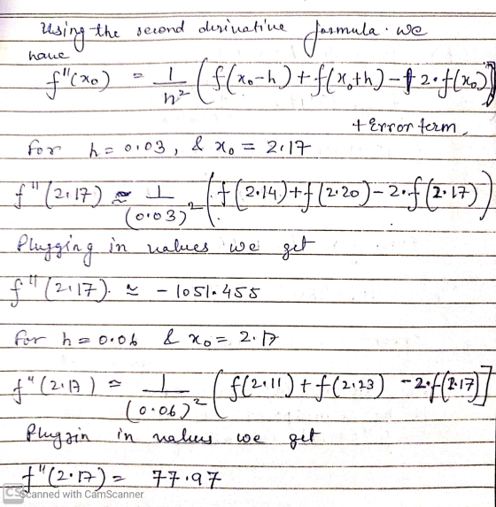 - hane using the second derivative formula we f(x) = f(xo-h ) + f(*th) – † 204(x)) 1 & 4. = 2.17 terror term for h= 0.03 , &