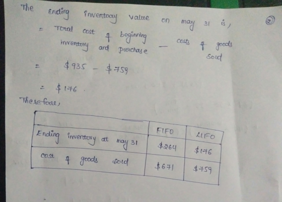 The on - Ending inventory value Total cost of beginning entory and purchase may 31 is, costs & goods sold $935 – $759 = $ 176