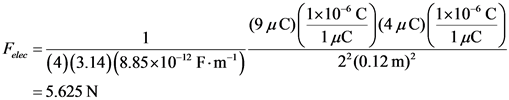 (4uC) lx10c
C
(9uC lx10 c
1
F
(4)(3.14) (8.85x1012 F.m1)
elec
2 (0.12 m)
=5.625 N
