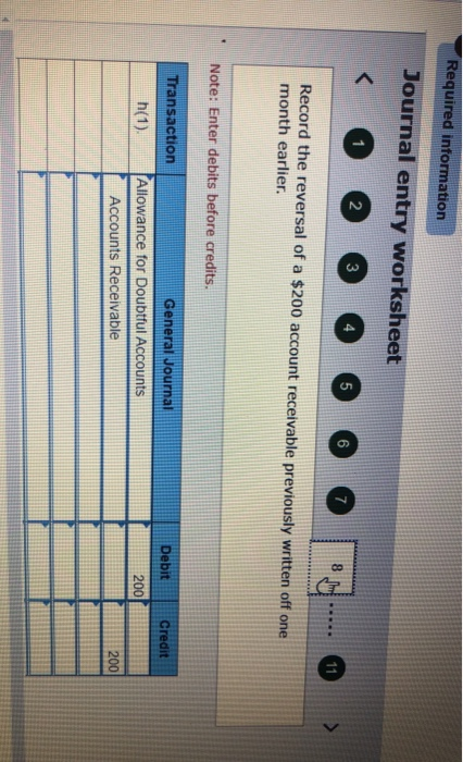 Required information Journal entry worksheet 1 2 3 5 6 7 11 Record the reversal of a $200 account receivable previously writt