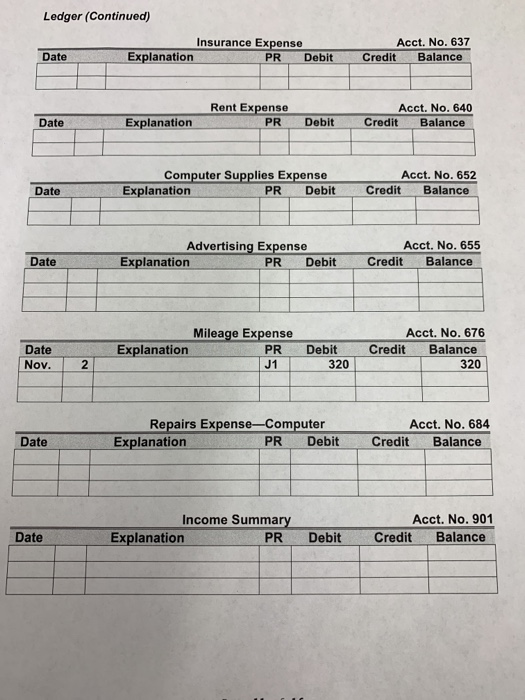 Ledger (Continued) Insurance Expense Explanation PR Debit Acct. No. 637 Credit Balance Date Rent Expense PR Acct. No. 640 Cre