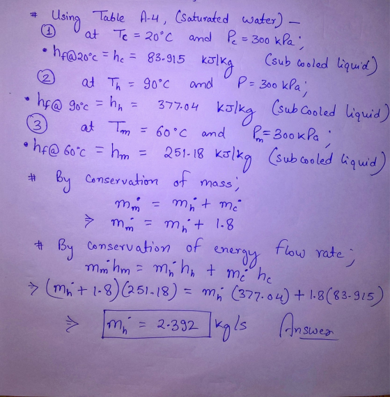Usina Table A-4, (saturated water) 吽 sing h3774kk sub Coled liquid 300 kra ehf@ 60℃= hm = 251. I8ks|kg (subc0 0 ledanud BCenservathion of mass tt By Conserv ahom of enero flow oate y mt -8 51.18) m (377.0)8(83.915