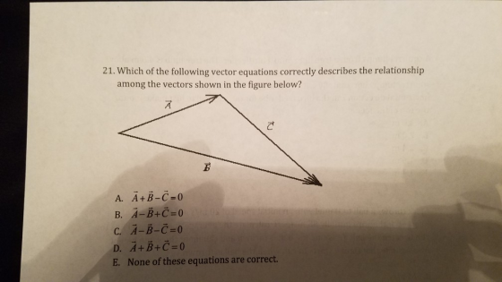 21. Which of the following vector equations correctly describes the relationship among the vectors shown in the figure below? A. A+ B-C-0 B. A-B+C=0 C. A-B-C=0 D. A+B+C=0 E. None of these equations are correct.