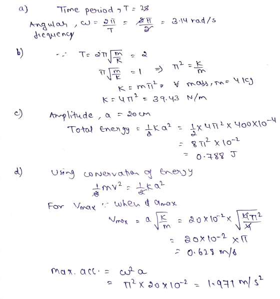 a) हम gi T b ) a = M²=k 1 mv²= Ika2 Time period sT = 28 Angular, 3.14 rad/s frequency T= at Kami² & mass, m= 4 kg К: чп? - =