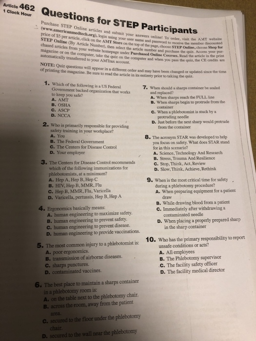 Adiee 462 Questions o A2 uestions for STEP Participants 1 Cloek Hour STEP Online articles and submityournswers onlinet: To or