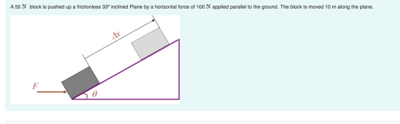 A 55 N block is pushed up a frictionless 33° inclined Plane by a horizontal force of 100 N applied parallel to the ground. Th