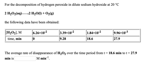 For the decomposition of hydrogen peroxide in dilute sodium hydroxide at 20 °C 2 H2O2(aq) 2 H2O(l) + O2(g) the following data