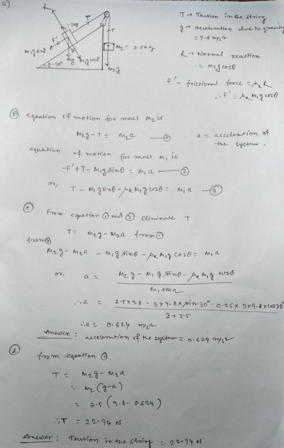 I Tersion in the string gn acceleration due to pravima - 3kg AT - 9-8 m/s2 I 1 M2=2.5kg migsind Mgth, gusto R- Normal reacti